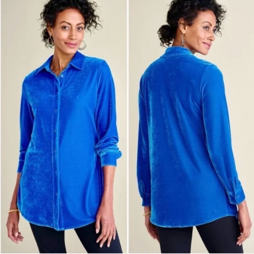 Soft Surroundings Velvet Boyfriend Tunic Shirt Blue Cobalt Button Down Shacket